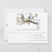 Amarillo y gris aves de amor vintage RSVP de boda
