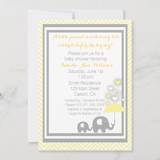 Amarillo y gris de la invitación de Baby Shower (Anverso)