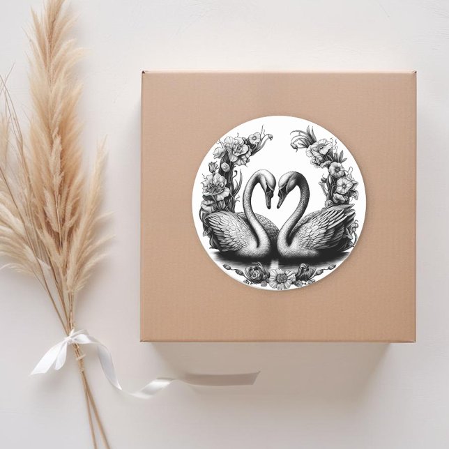 Amas de amor del lago Swan Pegatina de la boda (Black and White Love Birds)