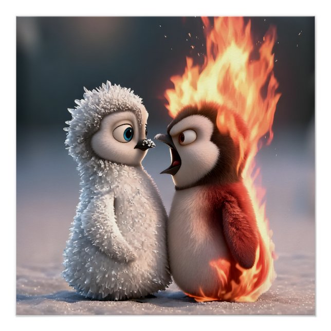 Amber & Frosty Fire and Ice Penguin Poster (Anverso)