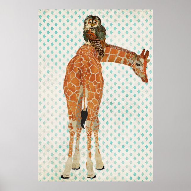 Amber Giraffe y Poster de arte de la lechuza Verde (Frente)