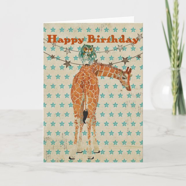 Amber Giraffe y tarjeta de cumpleaños de búho Verd (Anverso)