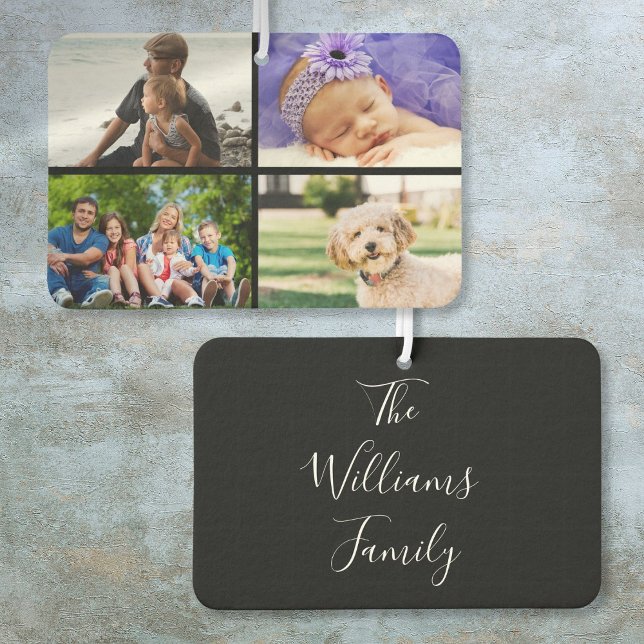 Ambientador 4 Nombre de guión elegante de Collage de fotos fav (4 Photo Collage Modern Elegant Script Name Air Freshener)