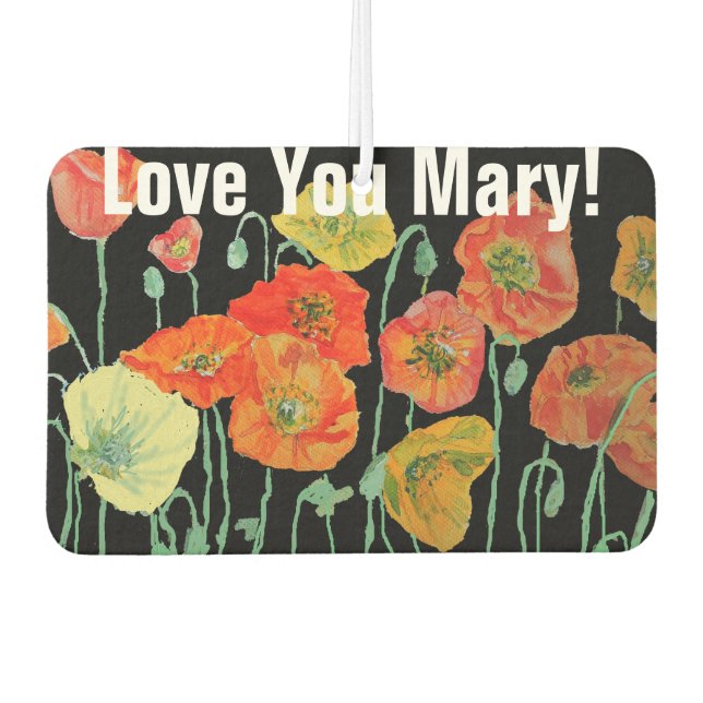 Ambientador Adorno para coche de nombre con amapolas naranjas  (Anverso)