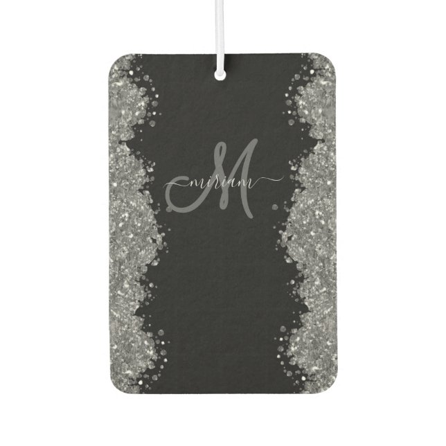 Ambientador Black Silver Faux Glitter Grey Modern Monogram (Anverso)