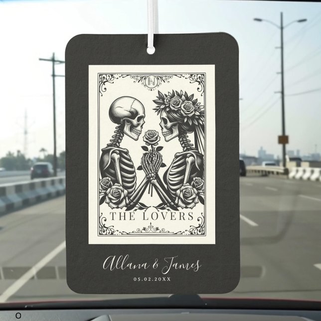 Ambientador Boda Monograma de la tarjeta Tarot para los amante (Custom wedding air freshener with skeleton lovers tarot card design, personalized names, and date.)