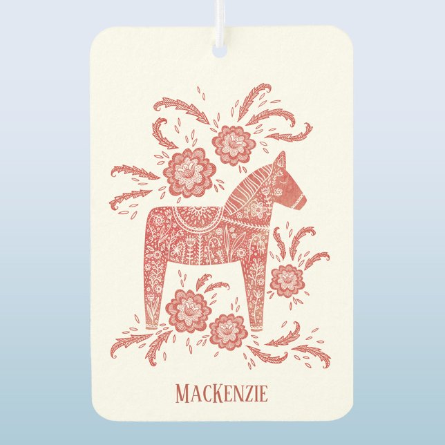 Ambientador Caballo de dala sueco personalizado rojo (Red and white Swedish Dala Horse personalized name car or vehicle air freshener)