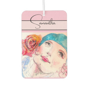 Ambientador Chica Mujer Rosa Acuarela Aquamarina Boina Rosa Te