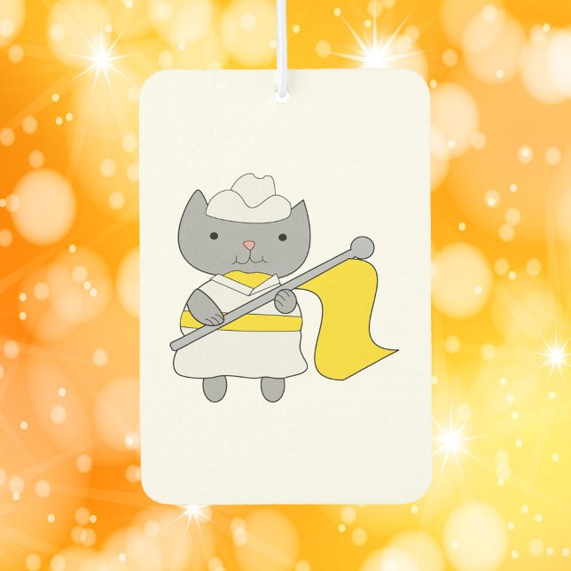 Ambientador Color Guard Gris Cat Amarillo Blanco (An air freshener featuring a gray cat in a yellow and white color guard uniform.)