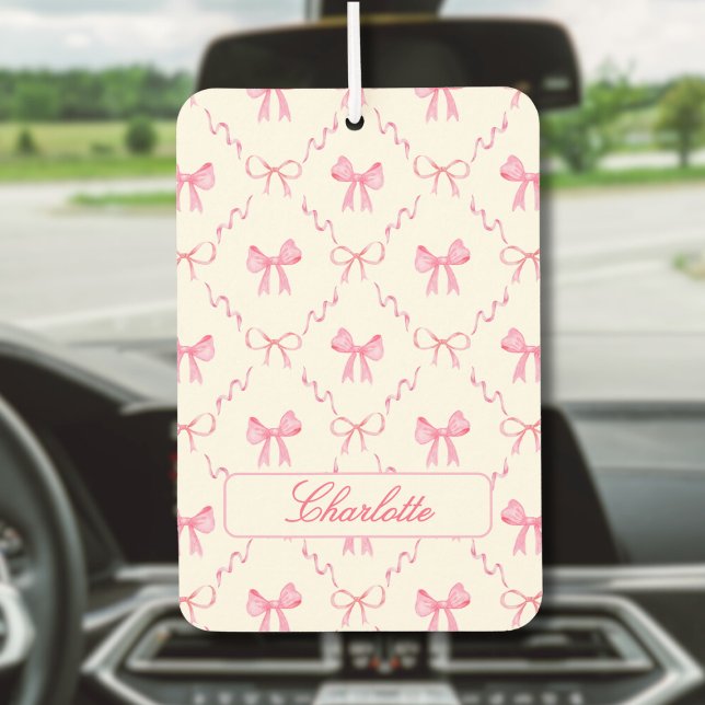 Ambientador Coquette Pink Bow Air Freshener (sweet cute girly coquette pink bow car air freshener with custom name in script calligraphy)