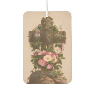 Ambientador Cruz rústica antigua, rosas silvestres, tarjeta de