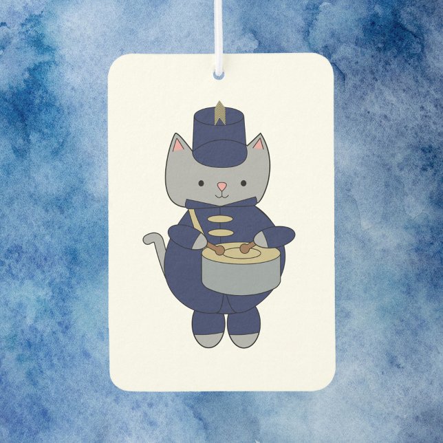 Ambientador Cute Gray Cat Marching Band Drummer  (An air freshener with a gray cat wearing a navy blue & gold marching band uniform playing the drums.)