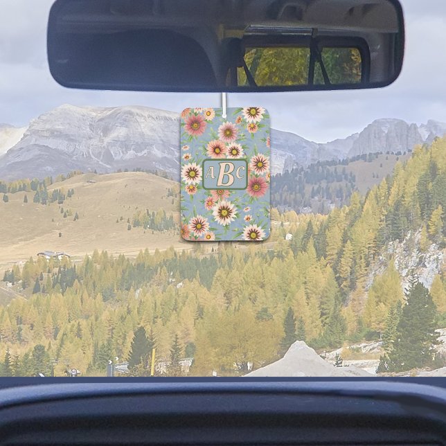 Ambientador Diseño floral de margarita azul y rosa personaliza (Personalize this Pink and Blue Floral Design Air Freshener with your Monogram, Initials or Text. )