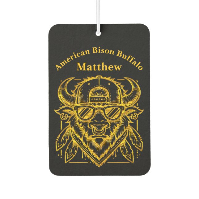 Ambientador Elegante Bison dorado con gafas de sol y Gorra (Anverso)