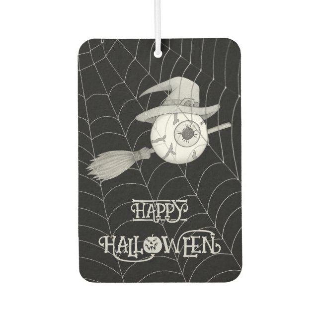 Ambientador escoba de brujas de Halloween, ojo temible, telara (Anverso)