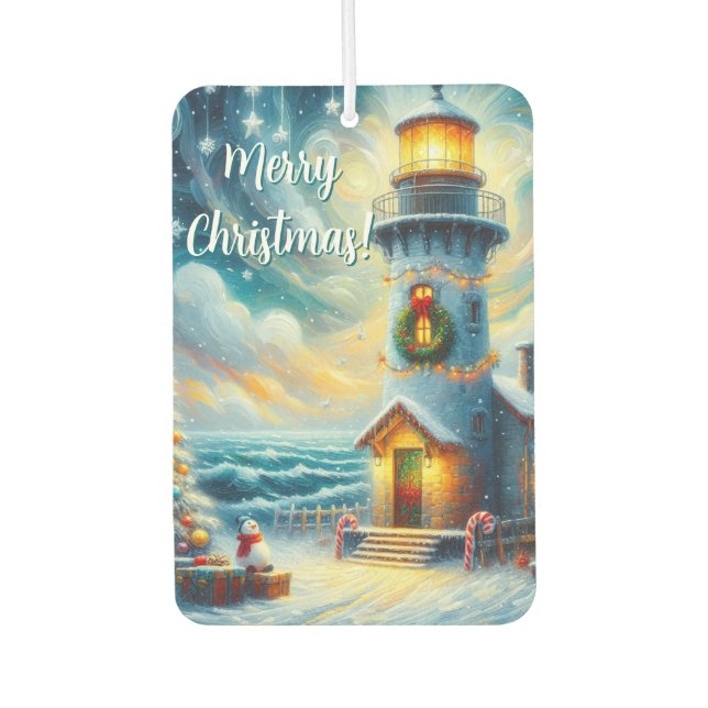 Ambientador Faro de árbol de navidad azul costero náutico (Anverso)