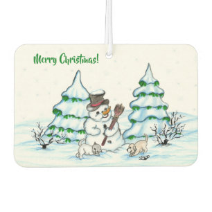 Ambientador ¡Feliz Navidad! Hombre de nieve con gato y cachorr