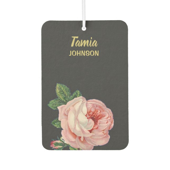 Ambientador Flor rosa nombre personalizado gris (Anverso)