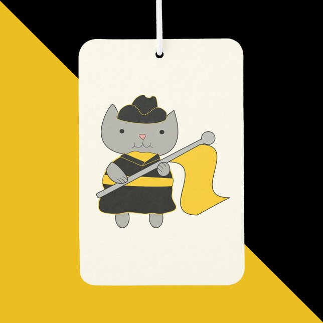 Ambientador Funny Color Guard Kitten Flag Black Yellow (An air freshener featuring a gray cat in a black and yellow gold color guard uniform.)