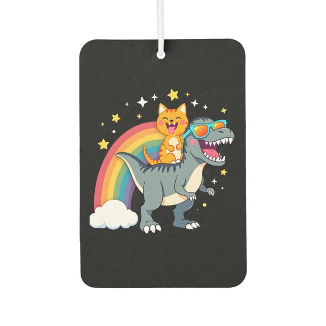 Ambientador Gato montando dinosaurio T-Rex gatito arcoíris Din (Anverso)