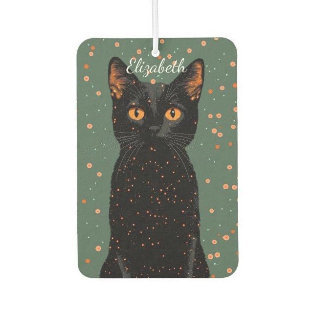 Ambientador Gato negro místico con ojos Naranjas y Purpurina (Anverso)