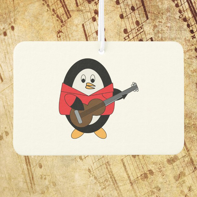 Ambientador Guitarista pingüino (A cute air freshener with a penguin playing the guitar.)