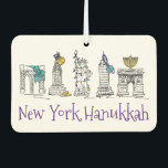 Ambientador Hanukkah NYC vacaciones judías Chanukah<br><div class="desc">Cuenta con un original ilustracion con lápiz y tinta de una fila de monumentos clásicos de la ciudad de Nueva York, "vestidos" para la festividad de Hanukkah. ¡Genial para cualquiera que viva o ame NYC! ¿No ves exactamente lo que buscas? ¿Necesita ayuda con la personalización? Haga clic en "Recaucaheartsny" (esquina...</div>