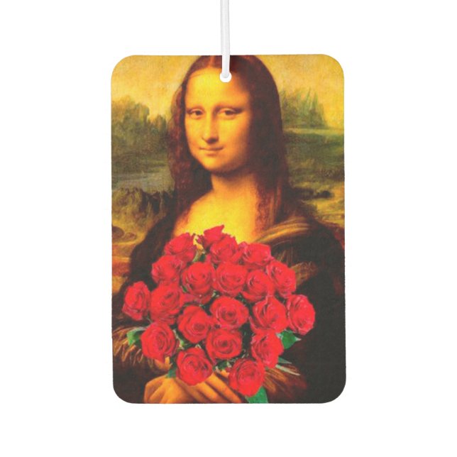 Ambientador Mona Lisa sosteniendo rosas rojas Leonardo Da Vinc (Anverso)