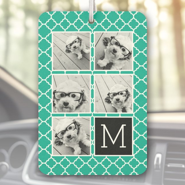 Ambientador Monograma de Collage de fotos Esmeralda y Negro en (Personalized Car Air Freshener)