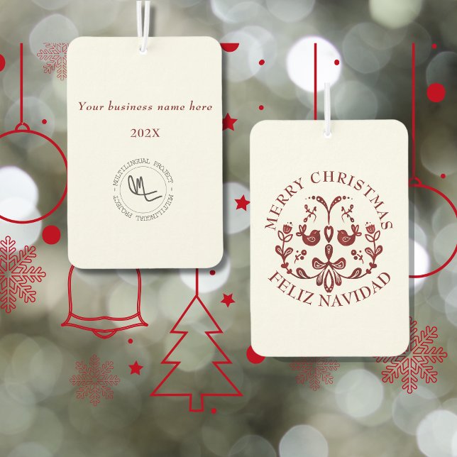 Ambientador Navidades bilingües Texto español Aves de Borgoña (Christmas business bilingual air freshener, custom text & language. Marketing. Multilingual Project)