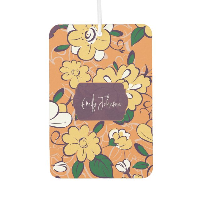 Ambientador Orange Retro Botanical Yellow Flowers Custom Name (Anverso)