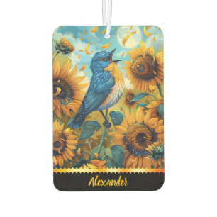 Ambientador Pájaro azul canta entre girasoles