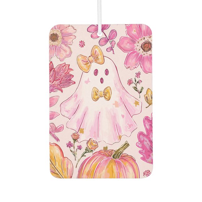 Ambientador Pastel Pink Halloween Ghost with Flowers and Pumpk (Anverso)