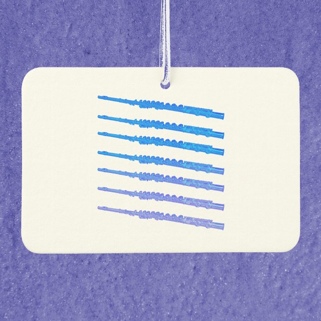 Ambientador Patrón de flautas, música azul (An air freshener with a pattern of blue flutes.)