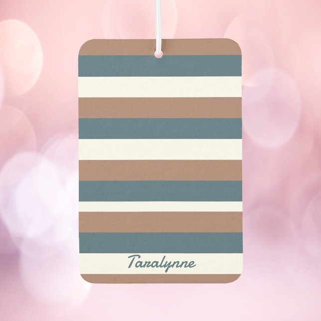 Ambientador Patrón de rayas Personaliza el blanco Verde azulad (An air freshener with brown, teal and white stripes along with text you can personalize!)