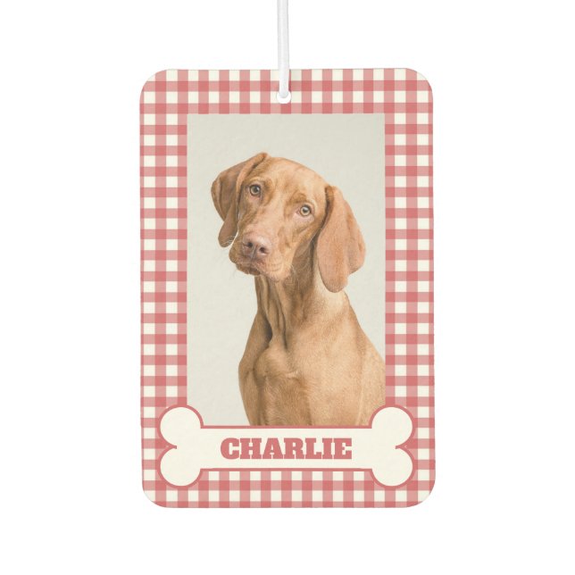 Ambientador Pet Photo Dog Name in Bone on Red and White Plaid (Anverso)