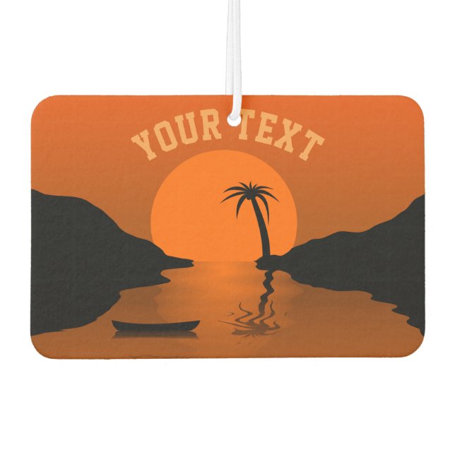 Ambientador Sunset Beach Tropical Naranja Personalizado Textos (Anverso)