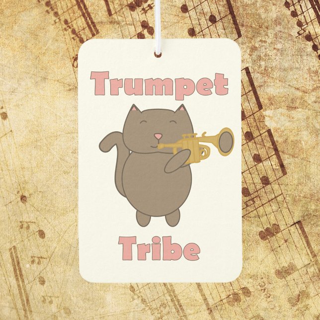 Ambientador Trumpet Tribe Cat Music (An air freshener with a picture of a brown cat playing the trumpet and the words trumpet tribe.)