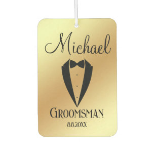 Ambientador tuxedo divertido con groomsman de arco personaliza