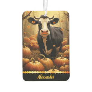 Ambientador Una vaca encantadora entre calabazas en un día dor