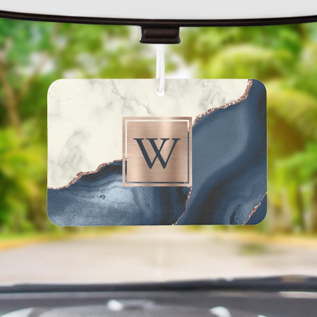 Ambientador White Marble Rose Gold Navy Blue Agate Monogram (Subido por el creador)