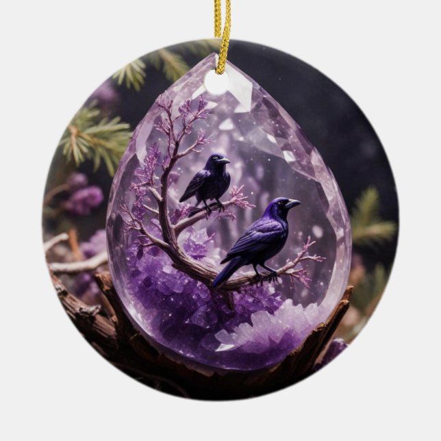 Amethyst Crystal - Crows Ravens Ornamento de Navid (Frente)