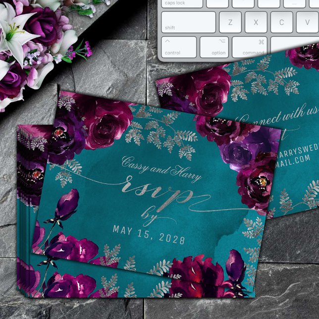 Amethyst Garnet Verde azulada Jewel Tone Tarjeta R (Amethyst Garnet Teal Jewel Tone Online RSVP Card)