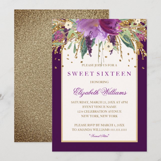 Ametría Floral Púrpura Dulce Invitación Dieciséis (Anverso / Reverso)