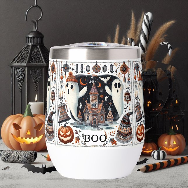 Amigable Boo Halloween Fantasma escritura moderna  (Friendly Boo Halloween Ghost Modern Script Spooky Thermal Wine Tumbler)