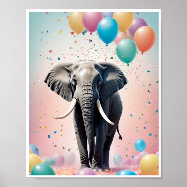 Amigables elefantes globos coloridos arte confetti (Frente)