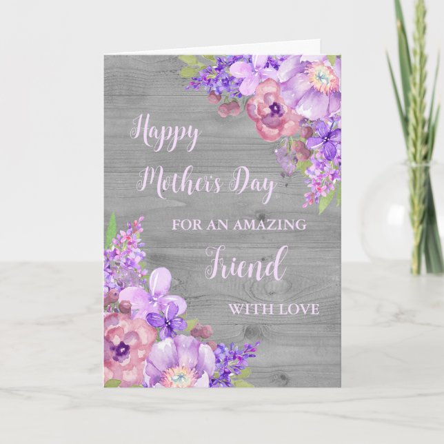 Amigo de flores moradas feliz tarjeta del día de l (Anverso)
