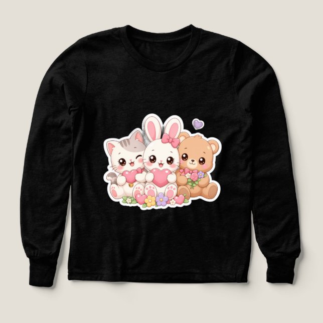 Amigos animales Kawaii lindos corazones flores Pas (Diseño frontal)