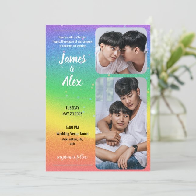 Amo arcoiris - Invitación a la foto de Boda gay (Anverso de pie)