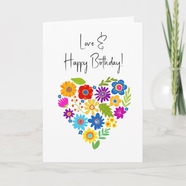 Amo Birthday Heart Flowers Feliz Tarjeta de Saludo (Anverso)